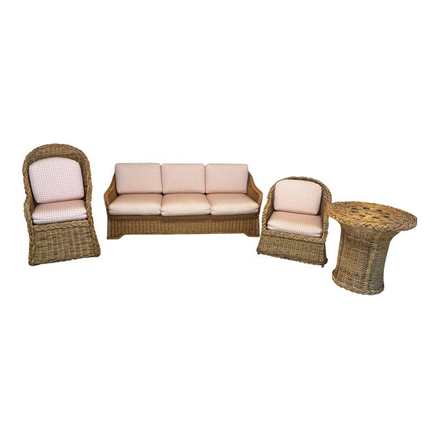 Vintage Woven Wicker Outdoor Seating & Table Set, 4 Pieces For Sale