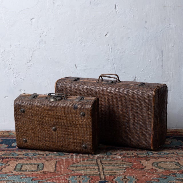 Vintage Rattan Suitcases, a Pair, C. 1950 For Sale - Image 4 of 6