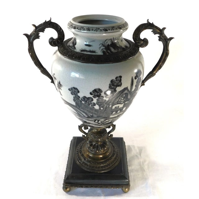 Rustic European Mid Century Black & White Porcelain Bronze & Marble Pedestal Urn Vase For Sale - Image 3 of 12