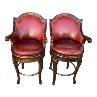 Century Furniture Pair of 2 Red Leather Nailhead Trim Swivel Bar Stools - a Pair For Sale
