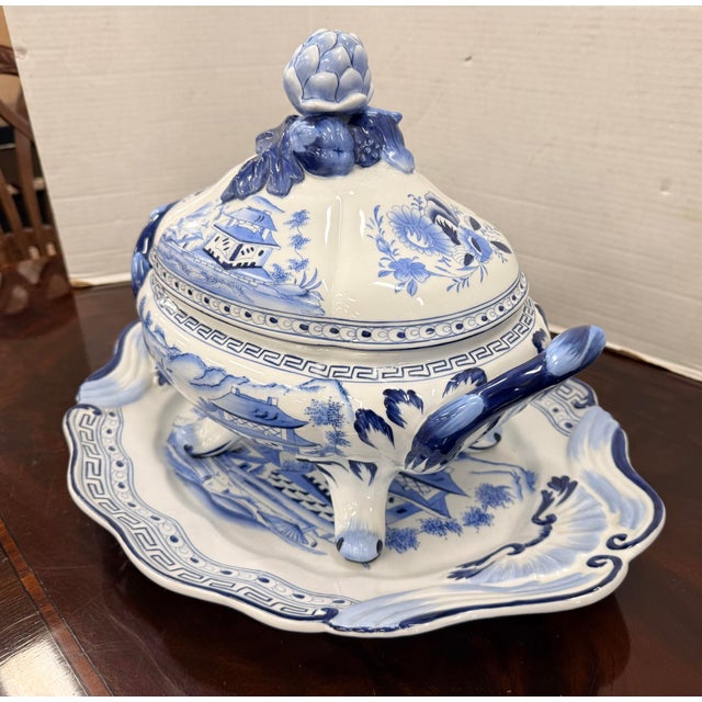 Blue Chelsea House Chinoiserie Blue and White Porcelain Soup Tureen & Underplate For Sale - Image 8 of 8