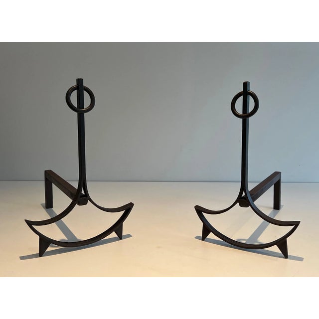 Modernist Wrought Iron Andirons - a Pair For Sale - Image 4 of 12