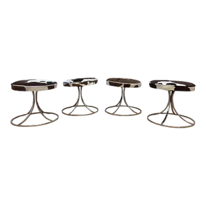 Mid Century Modern Chrome Swivel Stools Newly Reupholstered in Cowhide - Set of 4