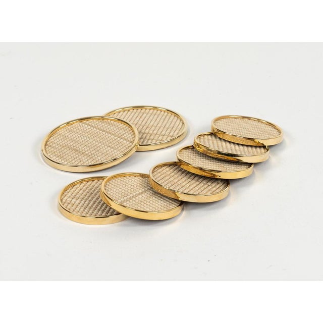 Mid-Century Modern Barware Coasters in Brass and Rope, Italy, 1970s, Set of 8 For Sale - Image 8 of 14