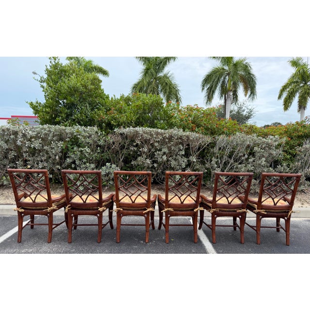 Brown Vintage Fretwork Rattan Dining Chairs With Tropical Cushions, Set of 6 For Sale - Image 8 of 10