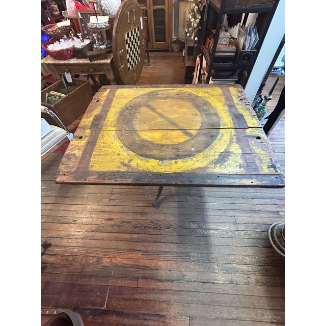 One of a kind super cool rustic industrial work or dining table having fabulous reclaimed wood top with original paint and...