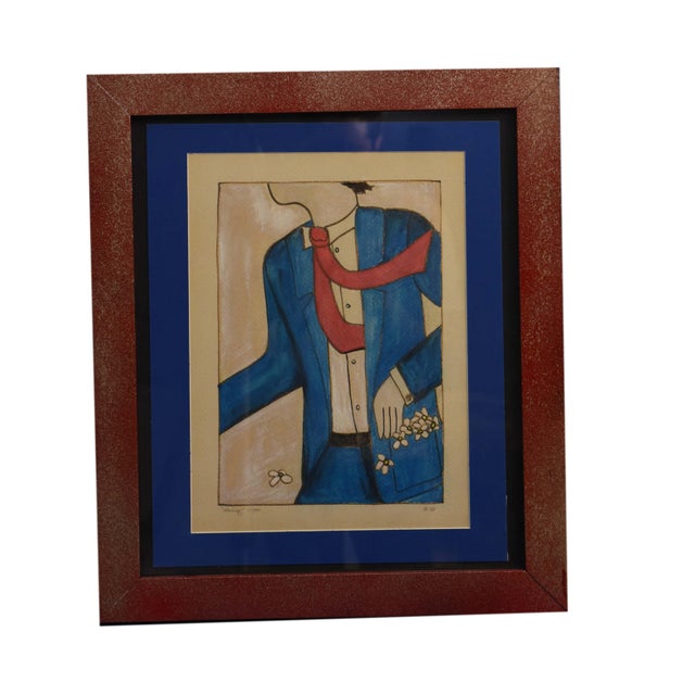 Created in July 1988, this vibrant mixed-media artwork, measuring 18" x 21", presents a stylized depiction of a male...