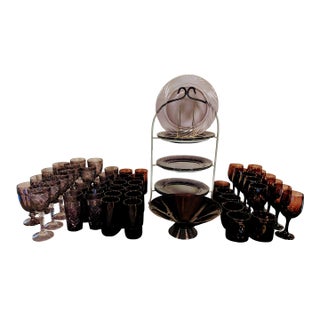 Vintage Amethyst Glass Dinnerware Set W/ Display - 59 PCS For Sale
