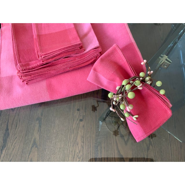 Vintage Buffalo Check Pink Tablecloth & Napkins Set- 11 Pieces For Sale - Image 11 of 12