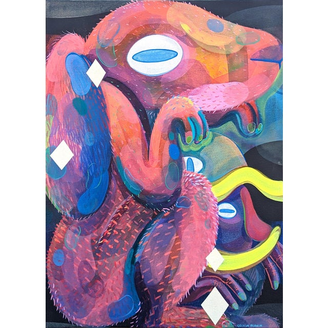 Cecilia Beaven Contemporary Abstract Pink and Blue Toned Biomorphic Rabbit Figure Painting, 2021 For Sale
