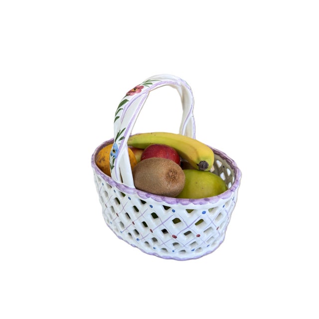 Vintage Hand-Painted Ceramic Lattice Basket With Flowers From Portugal For Sale In Washington DC - Image 6 of 8