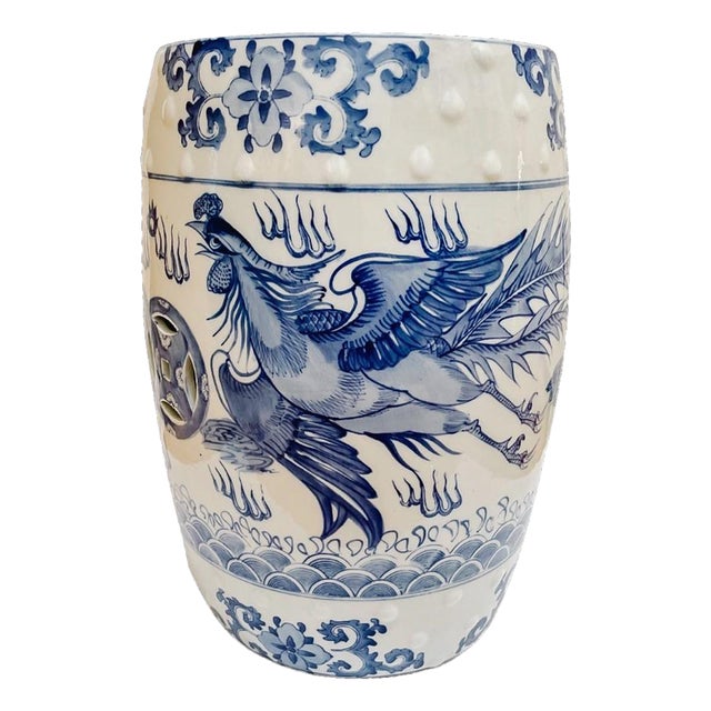 Late 20th Century Chinese Blue & White Garden Stool With Dragon & Phoenix Motif For Sale
