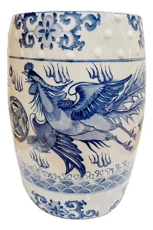 Late 20th Century Chinese Blue & White Garden Stool With Dragon & Phoenix Motif