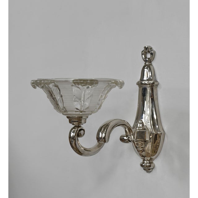 1930s French Art Deco Petitot & Ezan Nickeled Bronze Floral Frosted Glass Wall Sconces - A Pair For Sale - Image 6 of 12