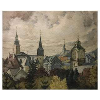 Landscape of a Village with a View of Steeples, Oil on Canvas, 1954 For Sale