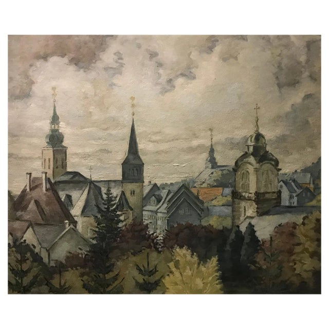 Landscape of a Village with a View of Steeples, Oil on Canvas, 1954 For Sale