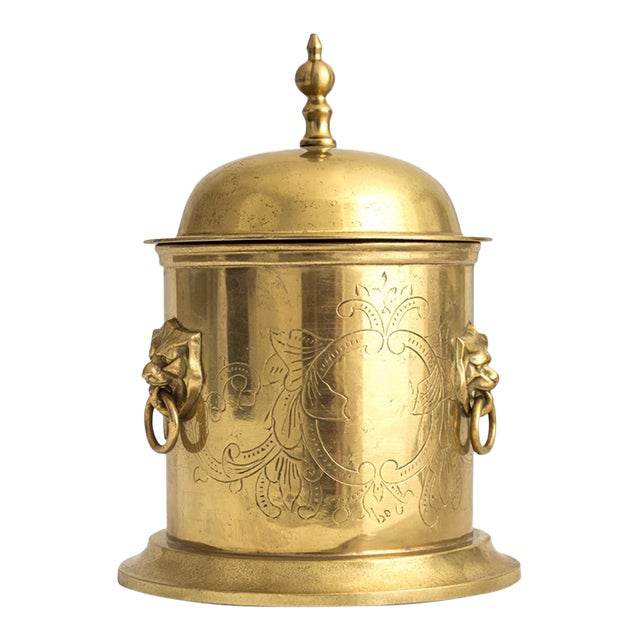 Antique Brass Tea Caddy With Lion Head Ring Handles, Engraved Décor, Domed Lid For Sale