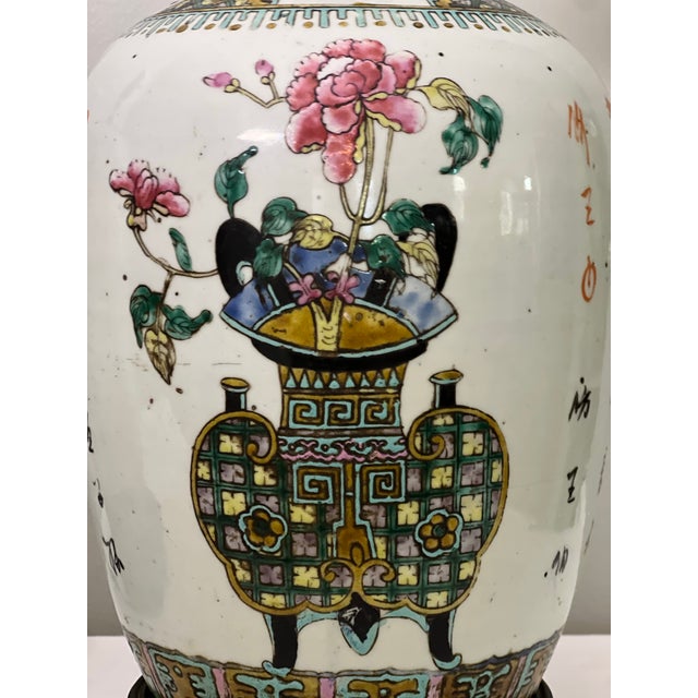 White Pair of Antique Chinese Famille Rose Ginger Jar Lamps, Circa 1900 For Sale - Image 8 of 17