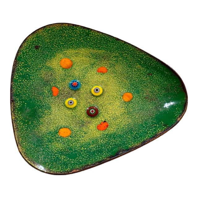 Small Vintage Enamel on Copper Triangular Trinket Dish | Mid-Century Modern Triangle Dish For Sale
