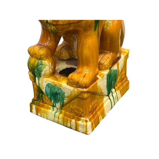 Pair Chinese Tri-Color Mustard Yellow Glaze Fengshui Lions Foo Dogs For Sale - Image 13 of 15
