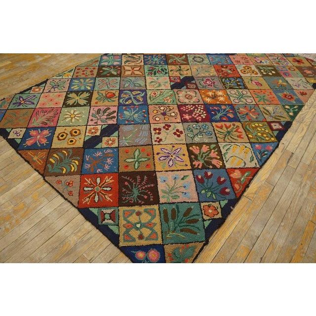 1930s Multi Geometric Folk Art Antique American Hooked Rug 6' X 8'9" Woven Wool Carpet For Sale - Image 4 of 12