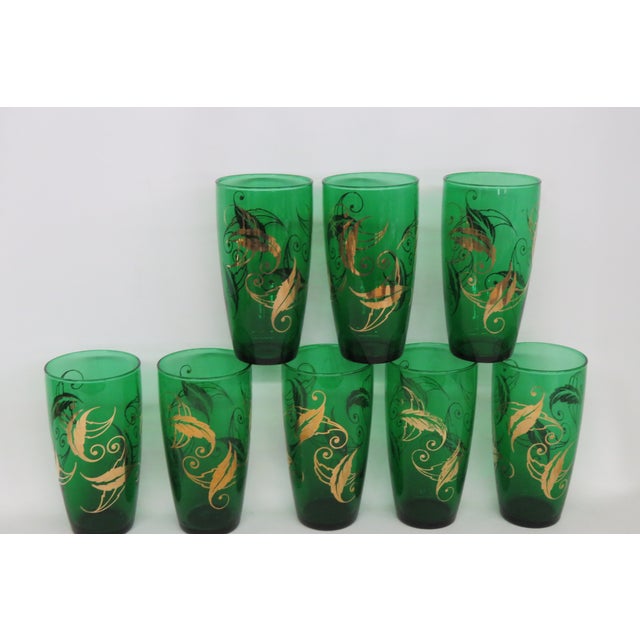 Mid Century Anchor Hocking Green Tumblers Gold Leaves Set of Eight 4603b For Sale - Image 11 of 14