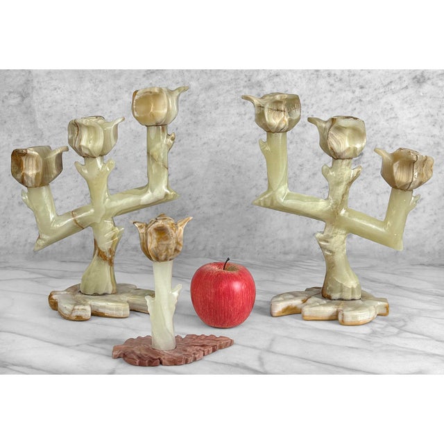 Italian Vintage Italian Onyx Stone Tulip Candelabra Candlestick Holders - Set of 3 For Sale - Image 3 of 11