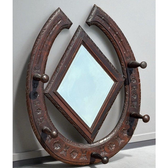 Brown Victorian Horse Shoe-Shaped Wall Hanging Hat Rack and Mirror in Oak For Sale - Image 8 of 8