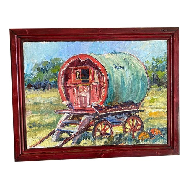 "My Gypsy Mobile" This artwork features a charming, rustic scene centered on a small, vividly painted Gypsy wagon. The...