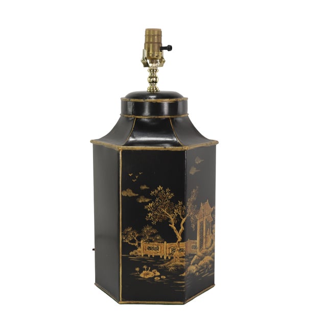 Late 20th Century Pair of 20th-Century Vintage Hand-Painted Chinoiserie Hexagonal Tole Tea Caddy Lamps For Sale - Image 5 of 11