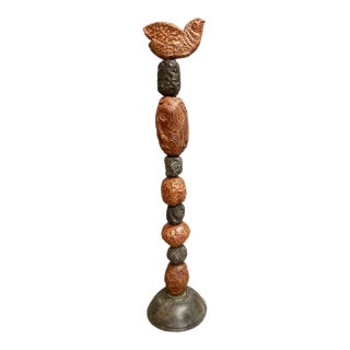 Marc Zimmerman "Stone Perch 2" Glazed Ceramic Totem, 60 Inches Tall, Rounded Earth Tone Forms, Bird Crown, Contemporary Art West Coast For Sale