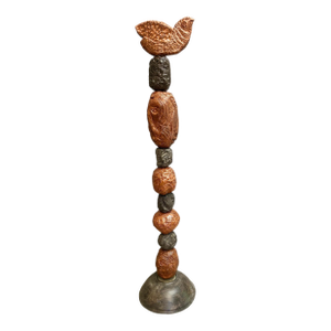 Marc Zimmerman "Stone Perch 2" Glazed Ceramic Totem, 60 Inches Tall, Rounded Earth Tone Forms, Bird Crown, Contemporary Art West Coast
