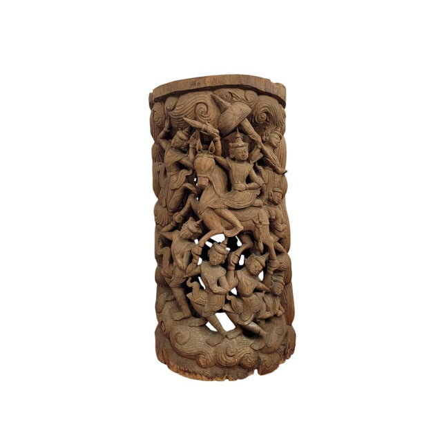 Asian Antique 19th-Century Southeast Asian Hand-Carved Teak Temple Pillar Wrap Sculpture For Sale - Image 3 of 18