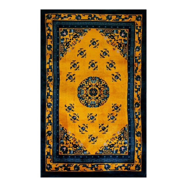 1920s Gold Medallion Classic Antique Chinese Peking Rug 5' X 8' Handknotted Wool Carpet For Sale