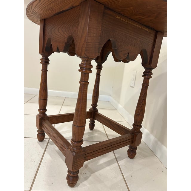 Gold 1980s Authentic L. Hitchcock Signed Oval Side Table - Solid Oak Harvest Stenciled Accent End Table - Scalloped Apron For Sale - Image 8 of 12