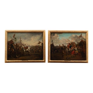 Pair, Original Oil on Canvas Paintings of Calvary Soldiers Encampment, Austria Circa 1750 For Sale