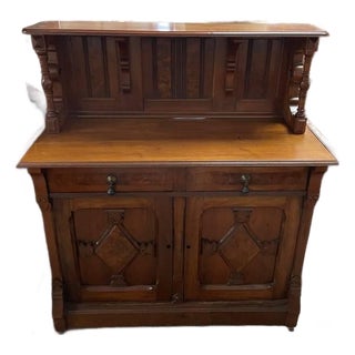 100+ Year Old Hutch Cabinet, Burl Wood Inlay, Hand Carved, Beautiful Antique For Sale