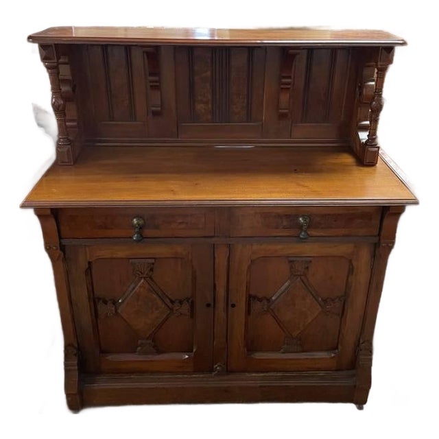 100+ Year Old Hutch Cabinet, Burl Wood Inlay, Hand Carved, Beautiful Antique For Sale