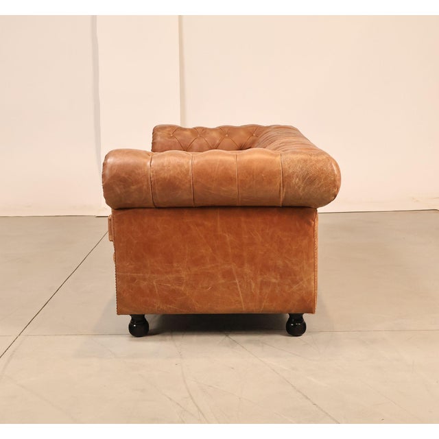 Chesterfield Style 7 Foot Distressed Brown Tufted Leather Sofa For Sale - Image 12 of 17