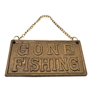 1960s Brass Reversible Sign "Gone Fishing" and "Open" For Sale