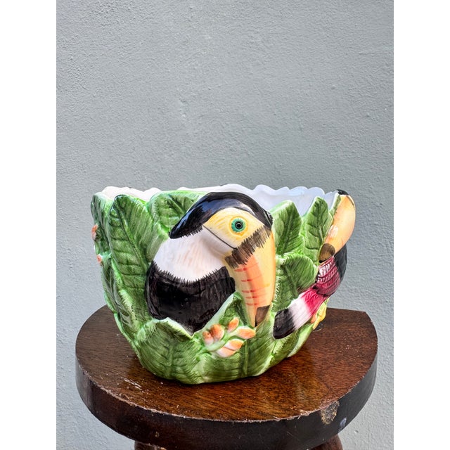 1970s Vintage Majolica Toucan Sculptural Bowl — Tropical Leaf Surround, Hand Painted For Sale - Image 5 of 7