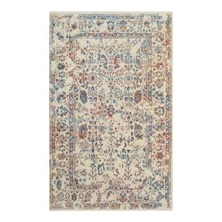 5x8 Ivory Machine Made Wool Viscose Faded Floral Border Geometric Carpet Rug For Sale