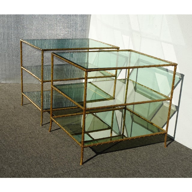 Mid-Century Modern Pair of Vintage Three Tier Brass Bronze Side Tables W Etched Leaf Frames For Sale - Image 3 of 18
