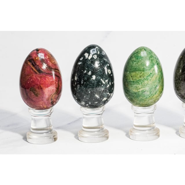 Traditional Collection Vintage Stone Specimen Egg 9 Polished Gemstone Eggs Display Stands Geological Mineral Display Cabinet of Curiosities Home Decor For Sale - Image 3 of 18
