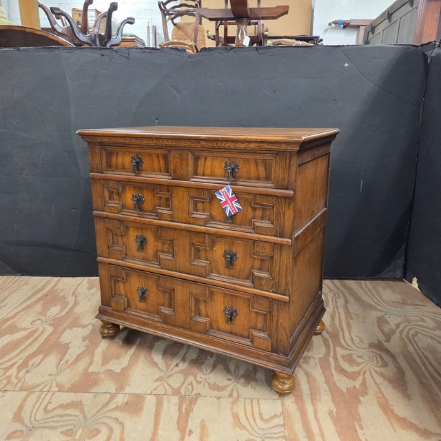 Wood Late 19th Century Golden Oak 5 Drawer Geometric Patterned Chest of Drawers on Bun Feet For Sale - Image 7 of 14