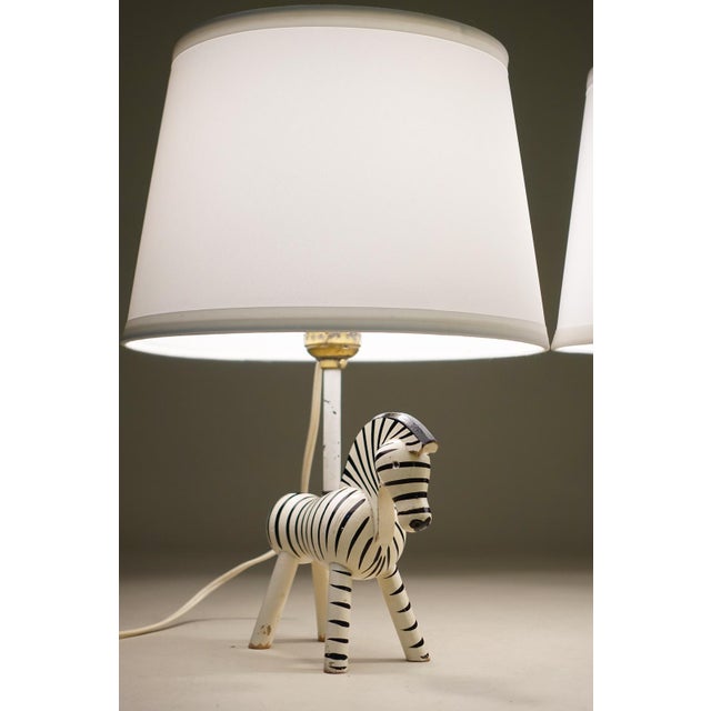 Kay Bojesen 1950s Rare Matched Pair Kay Bojesen Denmark Hand Painted Danish Modern Wood Zebra Table Lamps Monkey For Sale - Image 4 of 9