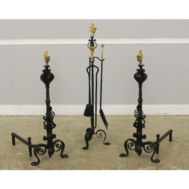 Outstanding Palatial Wrought Iron 3 Piece Fireplace Andiron Set For Sale - Image 13 of 13