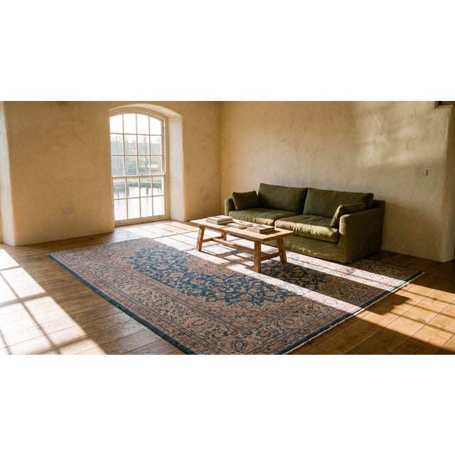 1870s Blue Navy Floral Antique Persian Khorassan Moud Rug 13'2" X 20'2" Handwoven Wool Carpet For Sale - Image 9 of 10