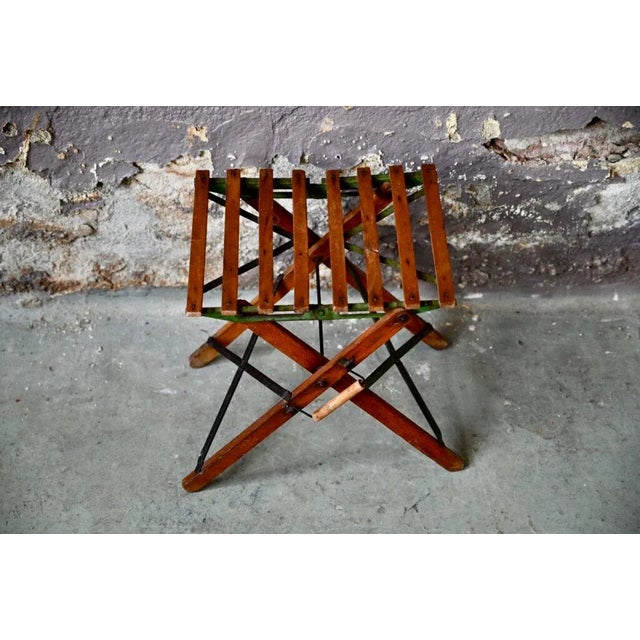 Mid-Century Folding Stool in Wood Slat and Metal from Eureka
