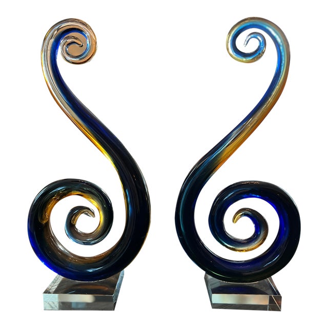 Set of 2 Contemporary Colored Blue Clear Gold Glass Sculptures For Sale